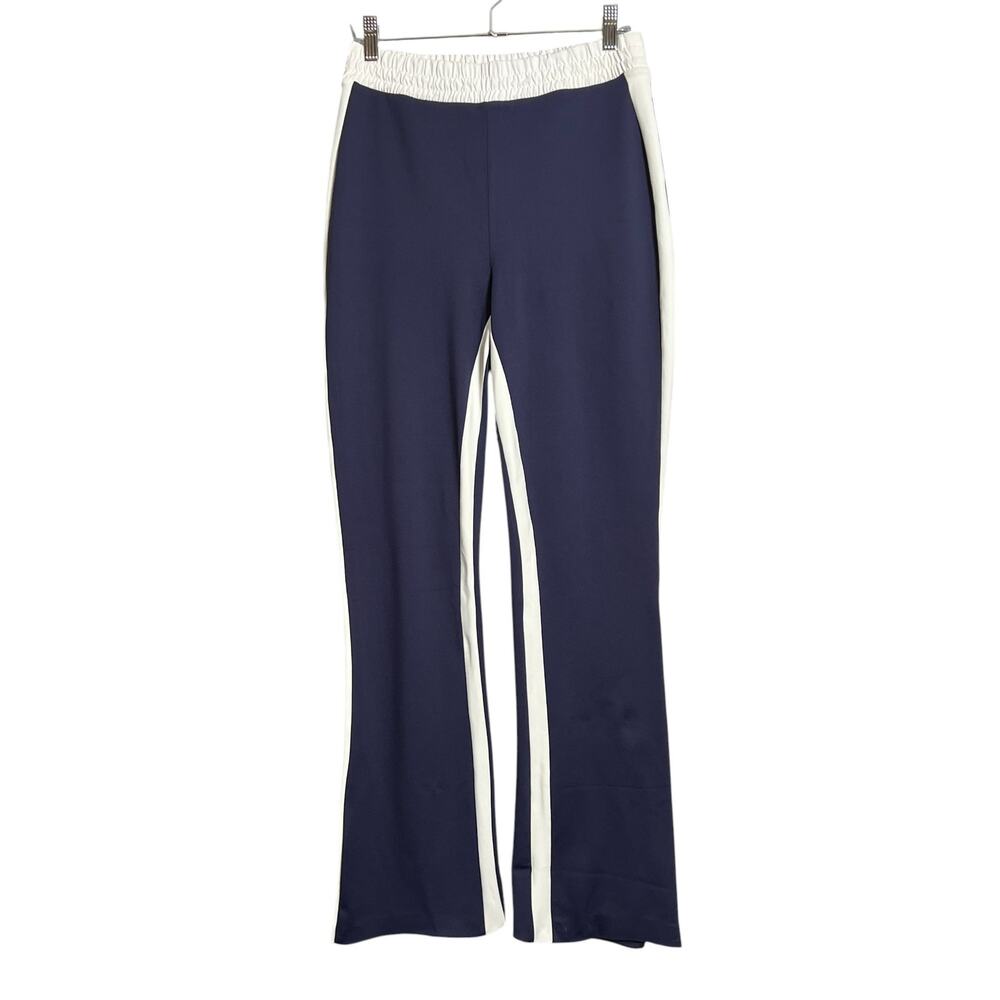 Carbon38 Flare Track Pant SIZE S Navy White Stripe Elastic Waist HEMMED FLAW
